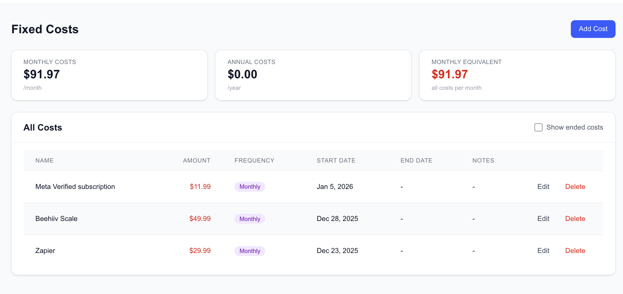 Fixed costs tracking with monthly and annual breakdowns